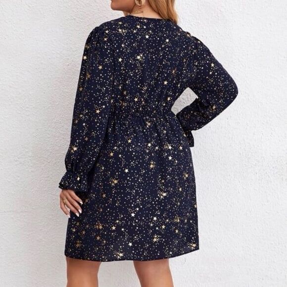 SHEIN Curve Navy Blue Gold Star Print Dress Plus Size 2XL - Picture 2 of 11
